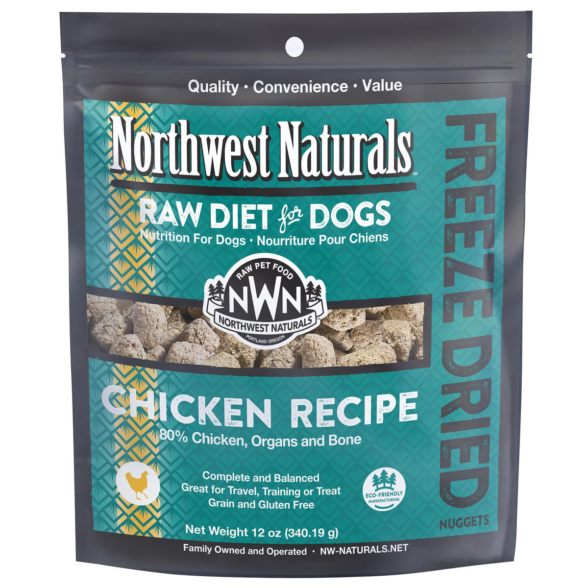 Northwest Naturals freeze-dried chicken nuggets packaging close-up highlights premium US-made ingredients for dogs.