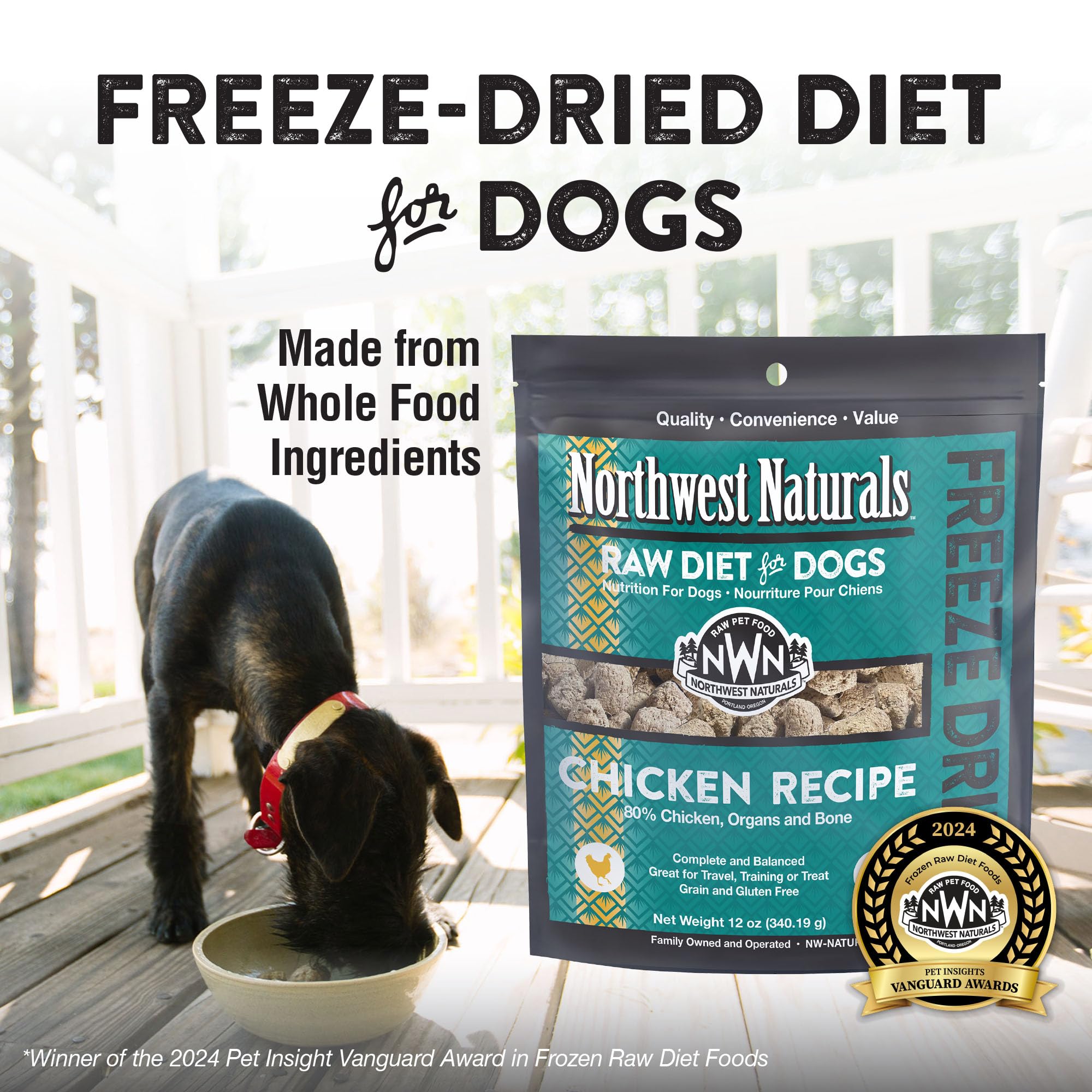 Northwest Naturals freeze-dried chicken nuggets serving bowl shows bite-sized portions ideal for training.