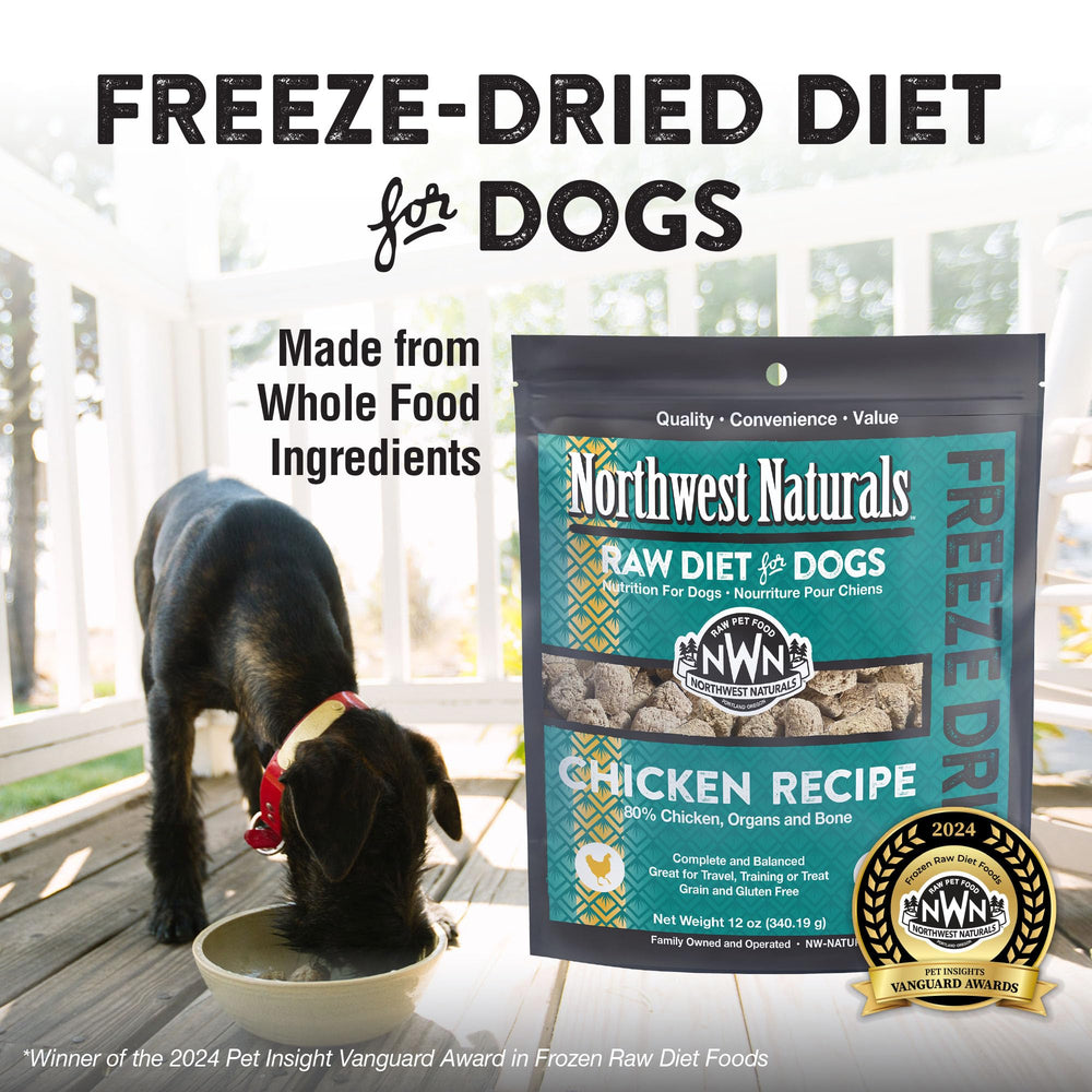 Northwest Naturals freeze-dried chicken nuggets serving bowl shows bite-sized portions ideal for training.