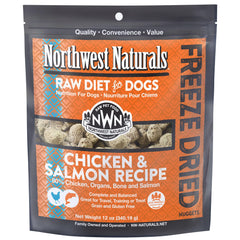 Northwest Naturals freeze-dried chicken-salmon bite-nuggets on tray for easy serving.