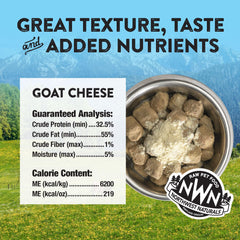Northwest Naturals freeze-dried goat cheese topper-dispense shows convenient portion control for travel.