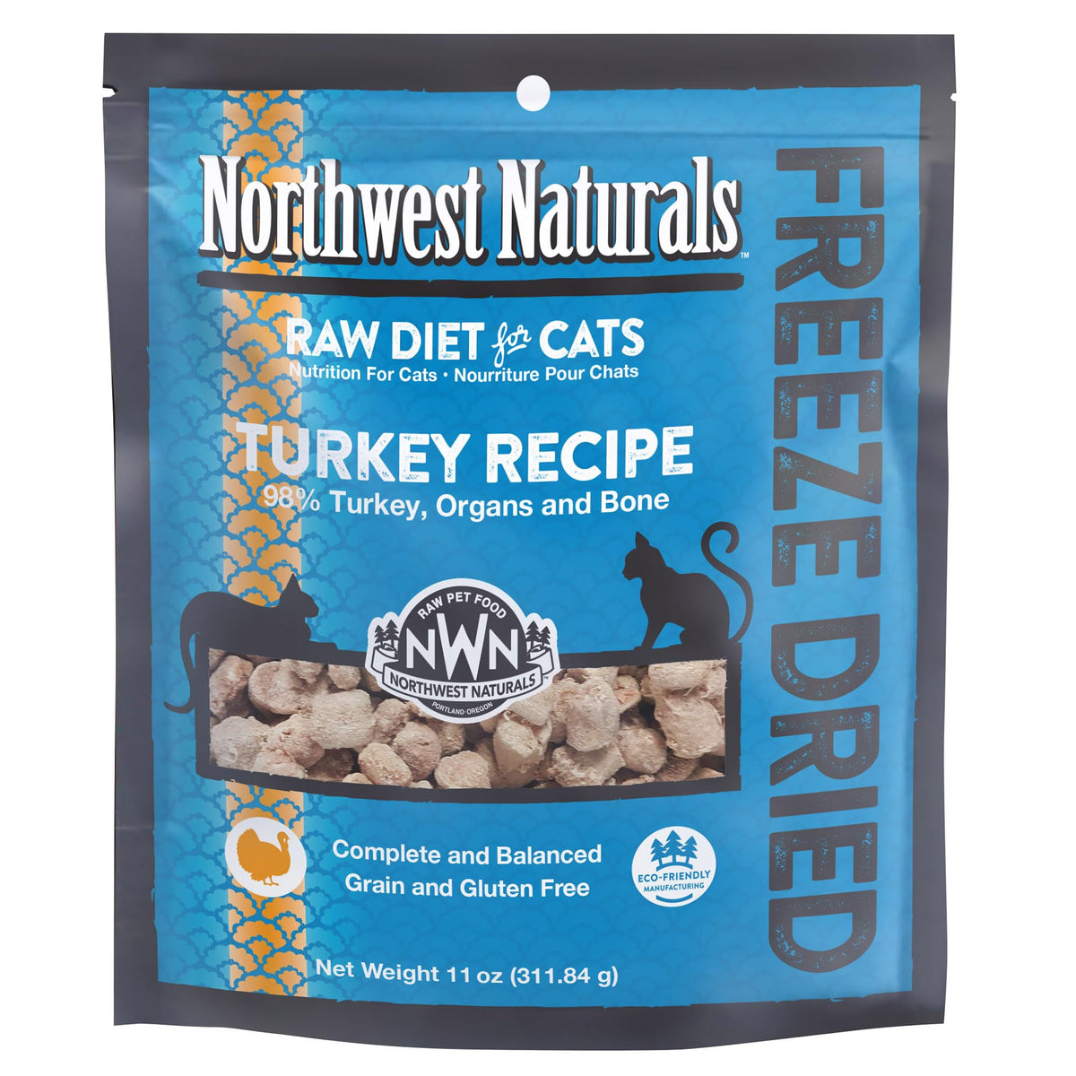 Northwest Naturals freeze-dried turkey cat nibbles—bite-sized treats ideal for training rewards.