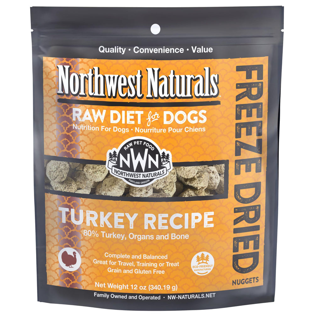 Northwest Naturals freeze-dried turkey dog food bite-sized nuggets close-up—training rewards flavor.