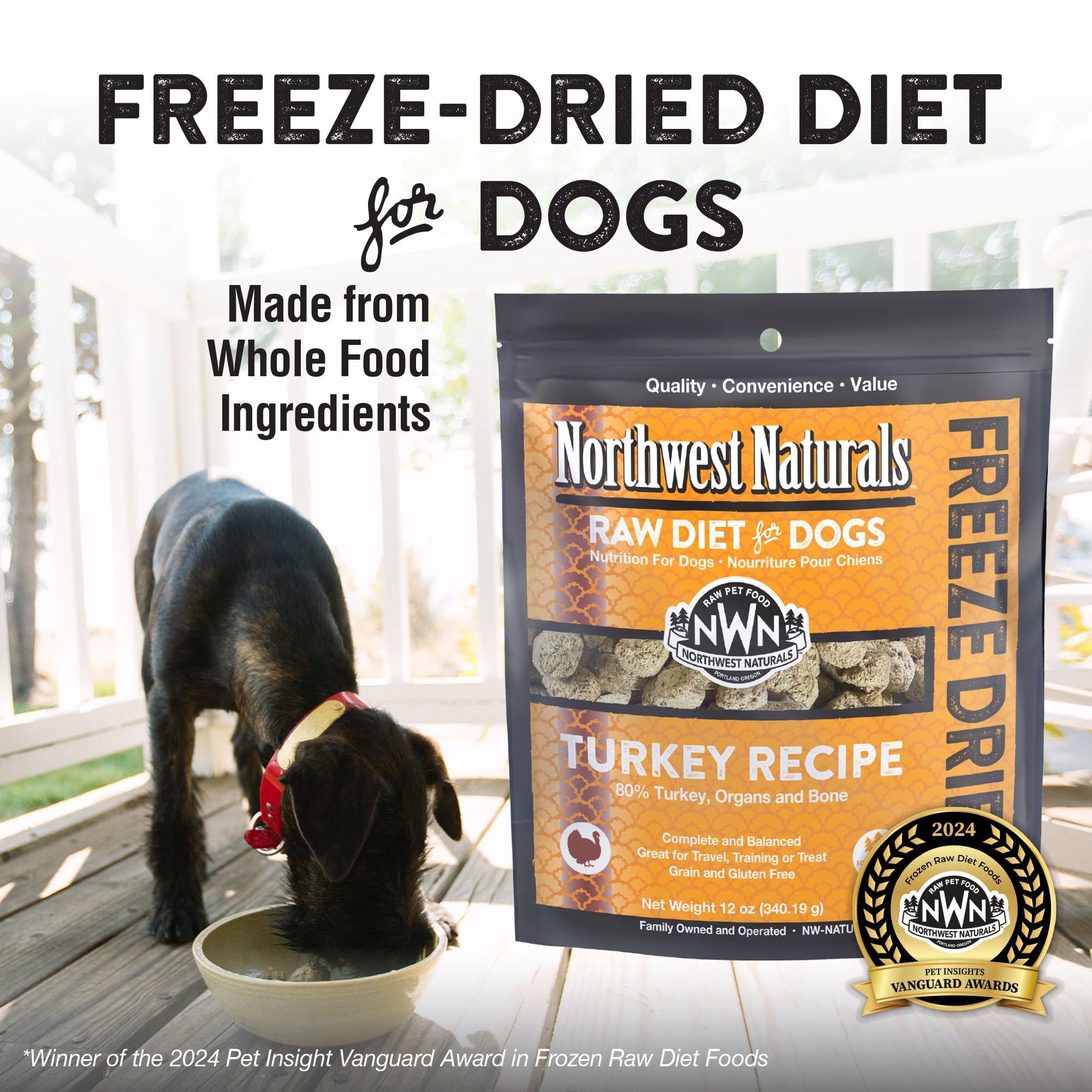 Northwest Naturals freeze-dried turkey dog food bite-sized nuggets served in a bowl for meals.
