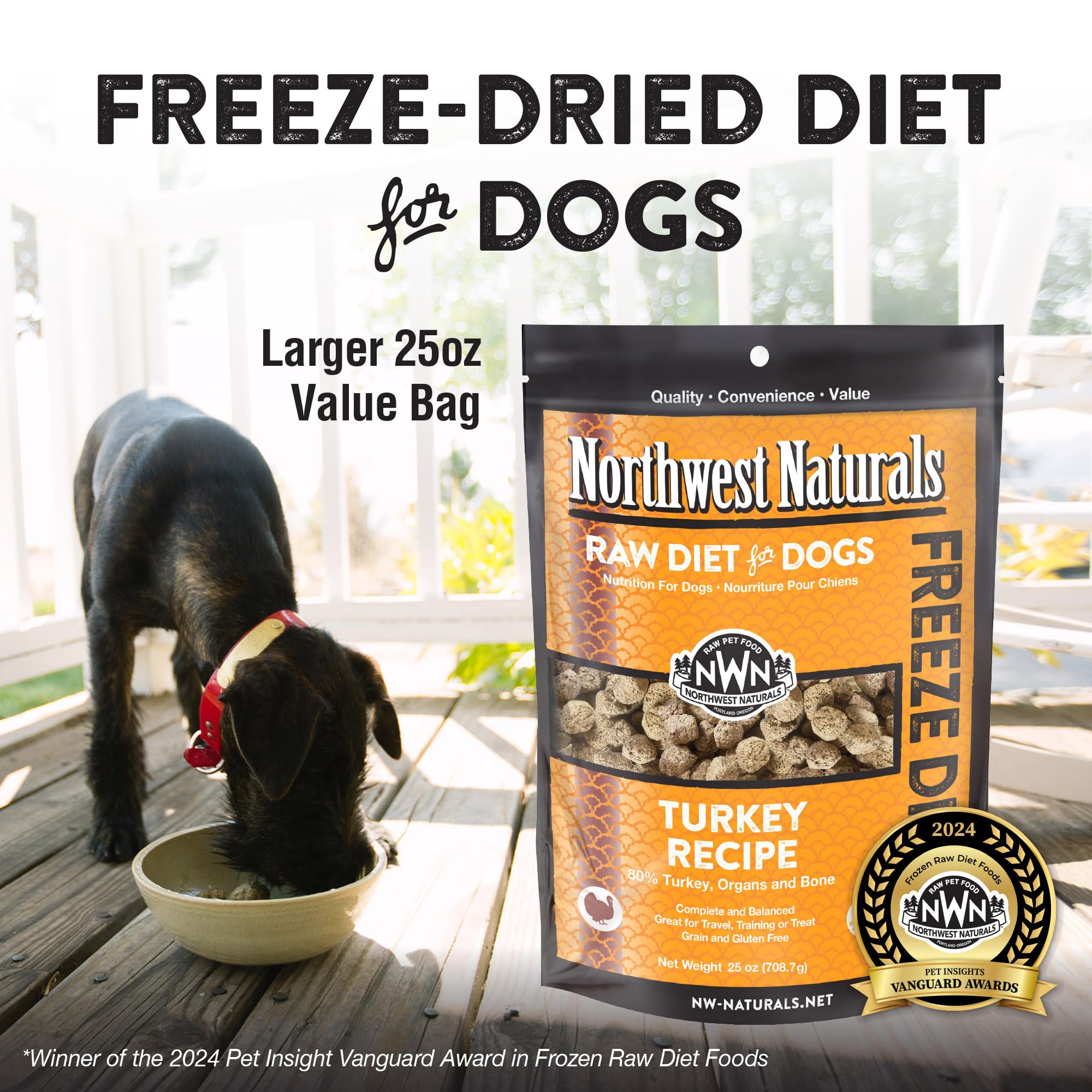 Northwest Naturals freeze-dried turkey dog food close-up shows high-protein bites