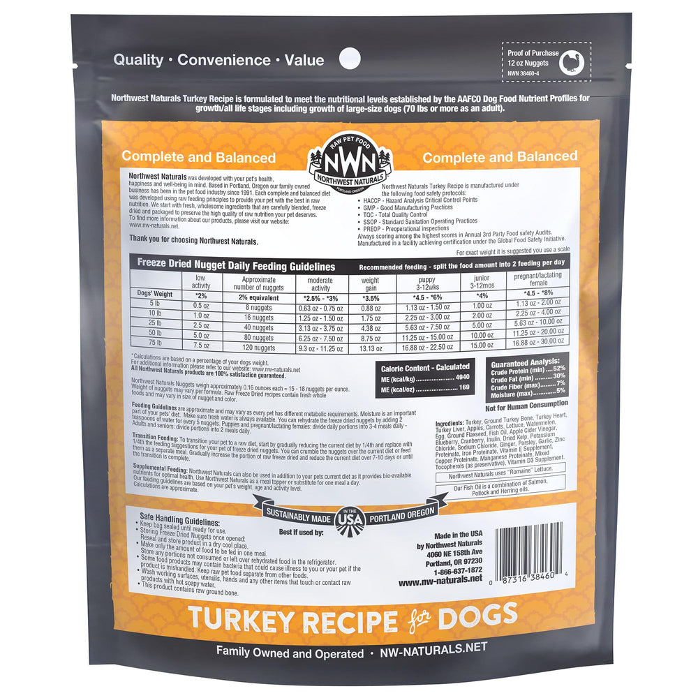 Northwest Naturals USA-made turkey dog food—high-protein, grain-free option for households.