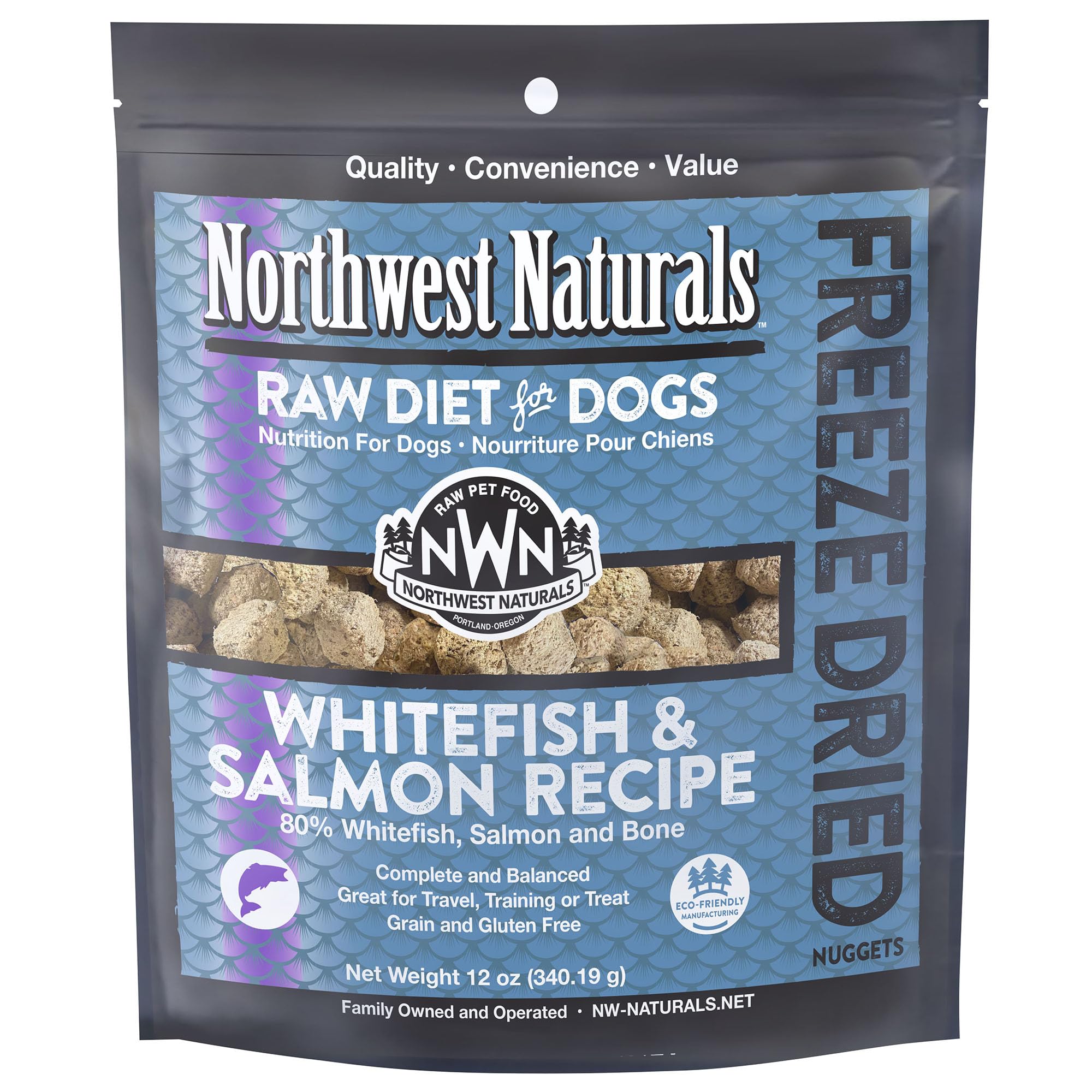 Northwest Naturals freeze-dried whitefish-salmon dog food nuggets in bag for convenient meals.
