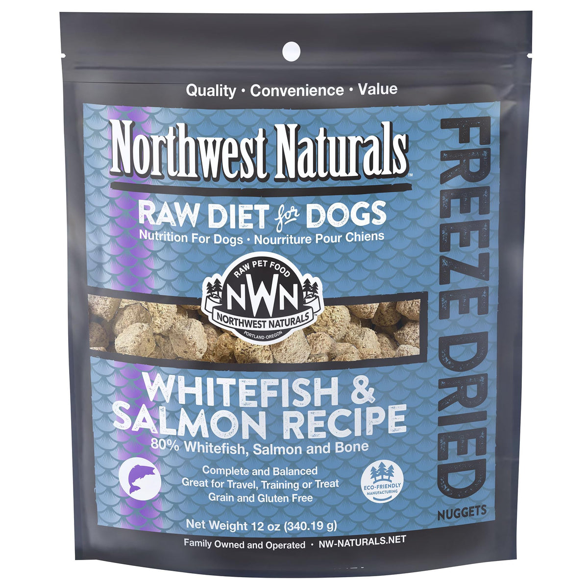 Northwest Naturals freeze-dried whitefish-salmon dog food nuggets in bag for convenient meals.