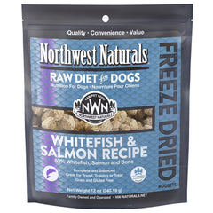 Northwest Naturals freeze-dried whitefish-salmon dog food nuggets in bag for convenient meals.