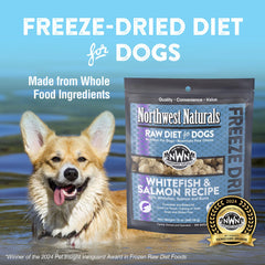 Northwest Naturals freeze-dried whitefish-salmon dog food nuggets close-up shows bite-sized texture for pups.