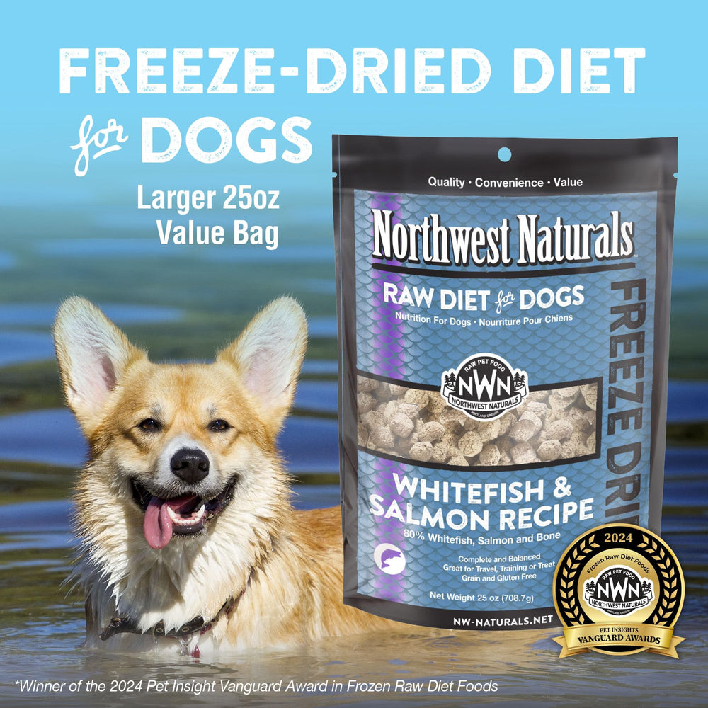 Northwest Naturals whitefish-salmon nuggets during mealtime for easy chewing.