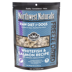 Northwest Naturals freeze-dried whitefish-salmon nuggets packaging for convenient storage.