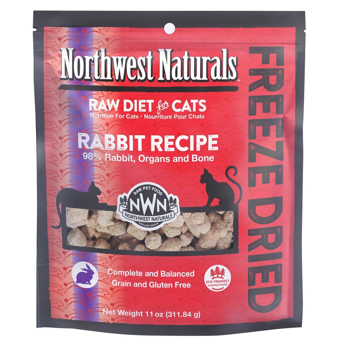 Northwest Naturals freeze-dried rabbit packaging shows human-grade ingredients for trustworthy nutrition.