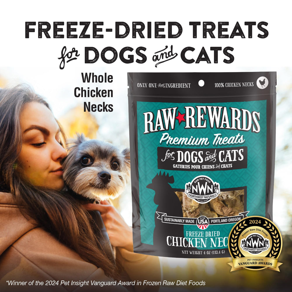Northwest Naturals Raw Rewards chicken neck close-up texture, highlighting freeze-dried crispness for convenient chews.