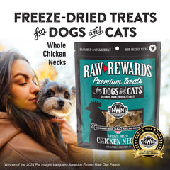 Northwest Naturals Raw Rewards chicken neck close-up texture, highlighting freeze-dried crispness for convenient chews.