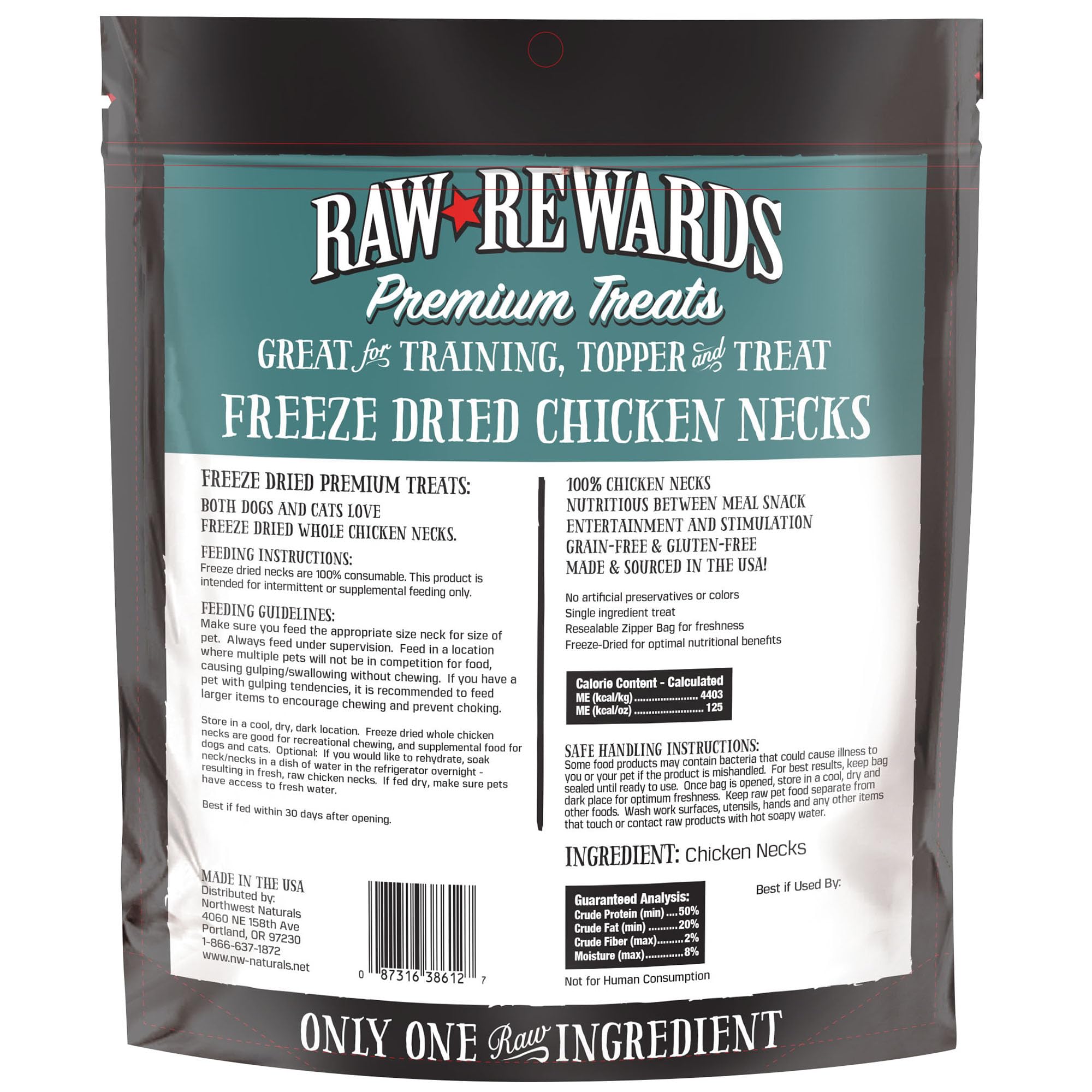 Northwest Naturals Raw Rewards chicken neck travel-pack ready image suggests easy storage.