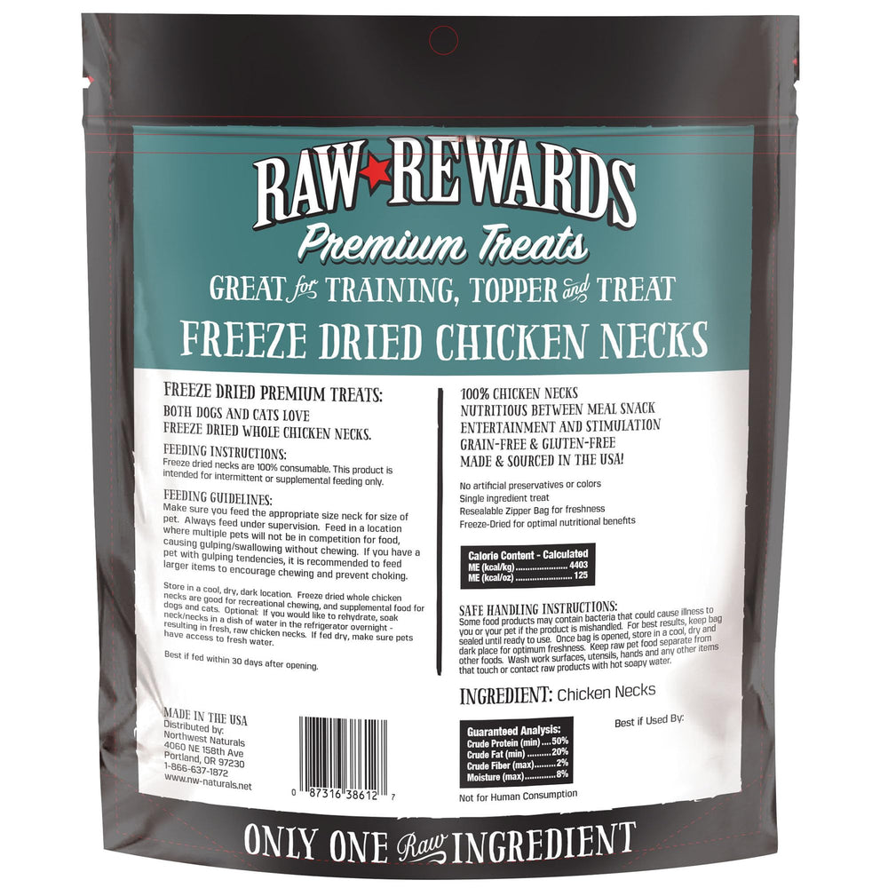 Northwest Naturals Raw Rewards chicken neck travel-pack ready image suggests easy storage.
