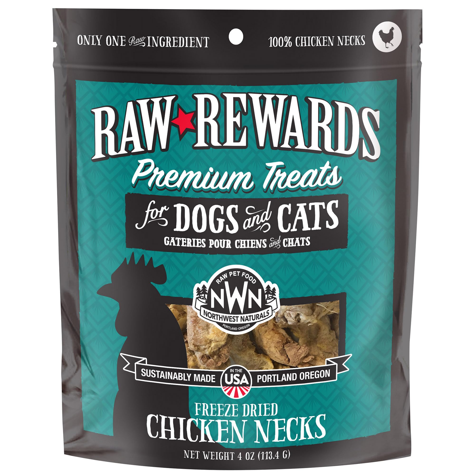 Northwest Naturals Raw Rewards chicken neck whole-neck package, a simple single-ingredient reward for pets.