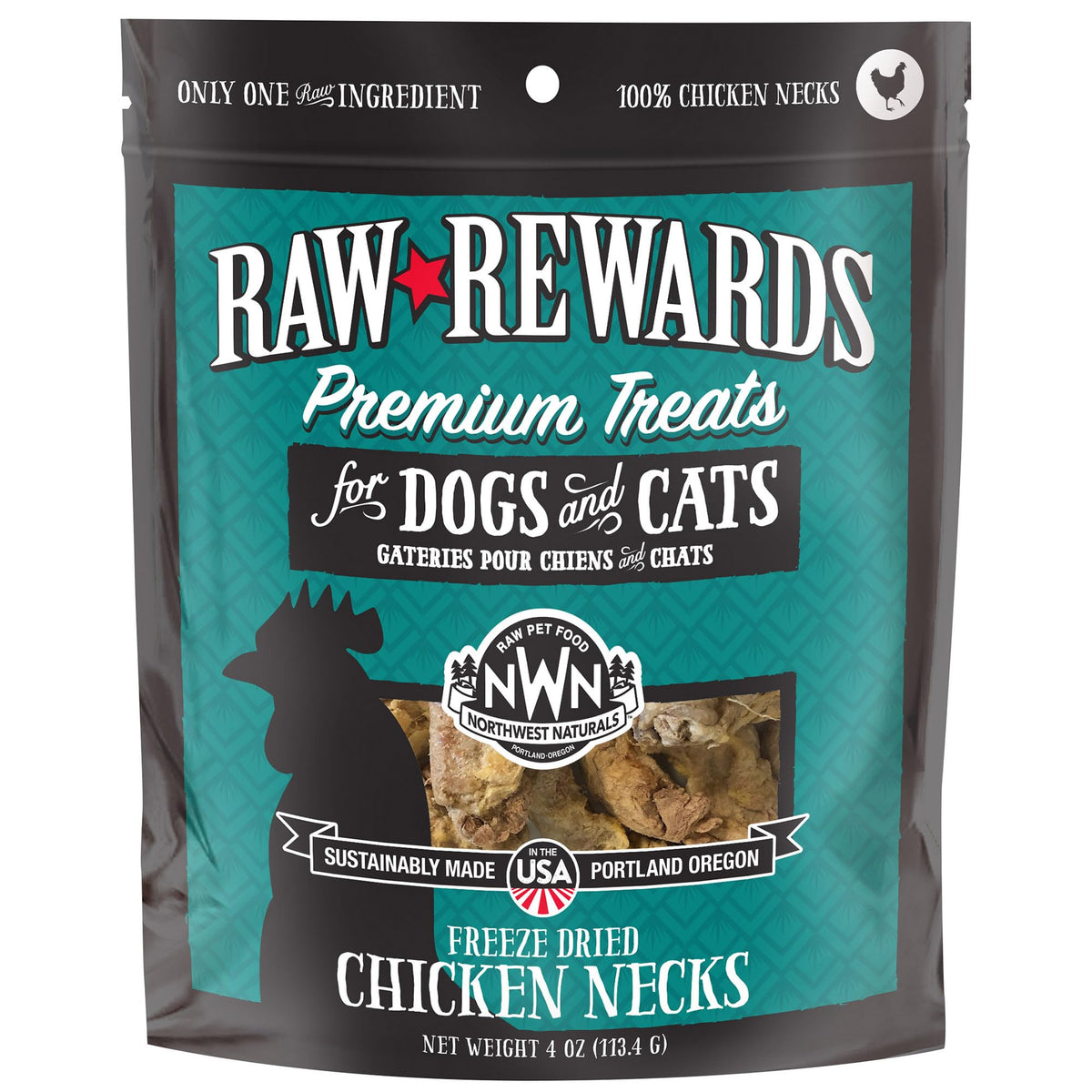 Northwest Naturals Raw Rewards chicken neck whole-neck package, a simple single-ingredient reward for pets.
