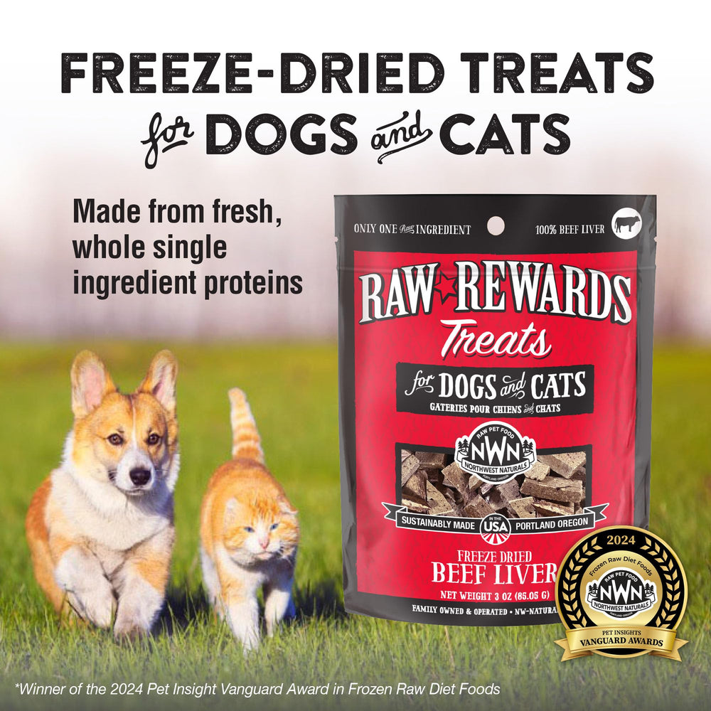 Northwest Naturals Raw Rewards beef liver bite-sized pieces close-up for pets.