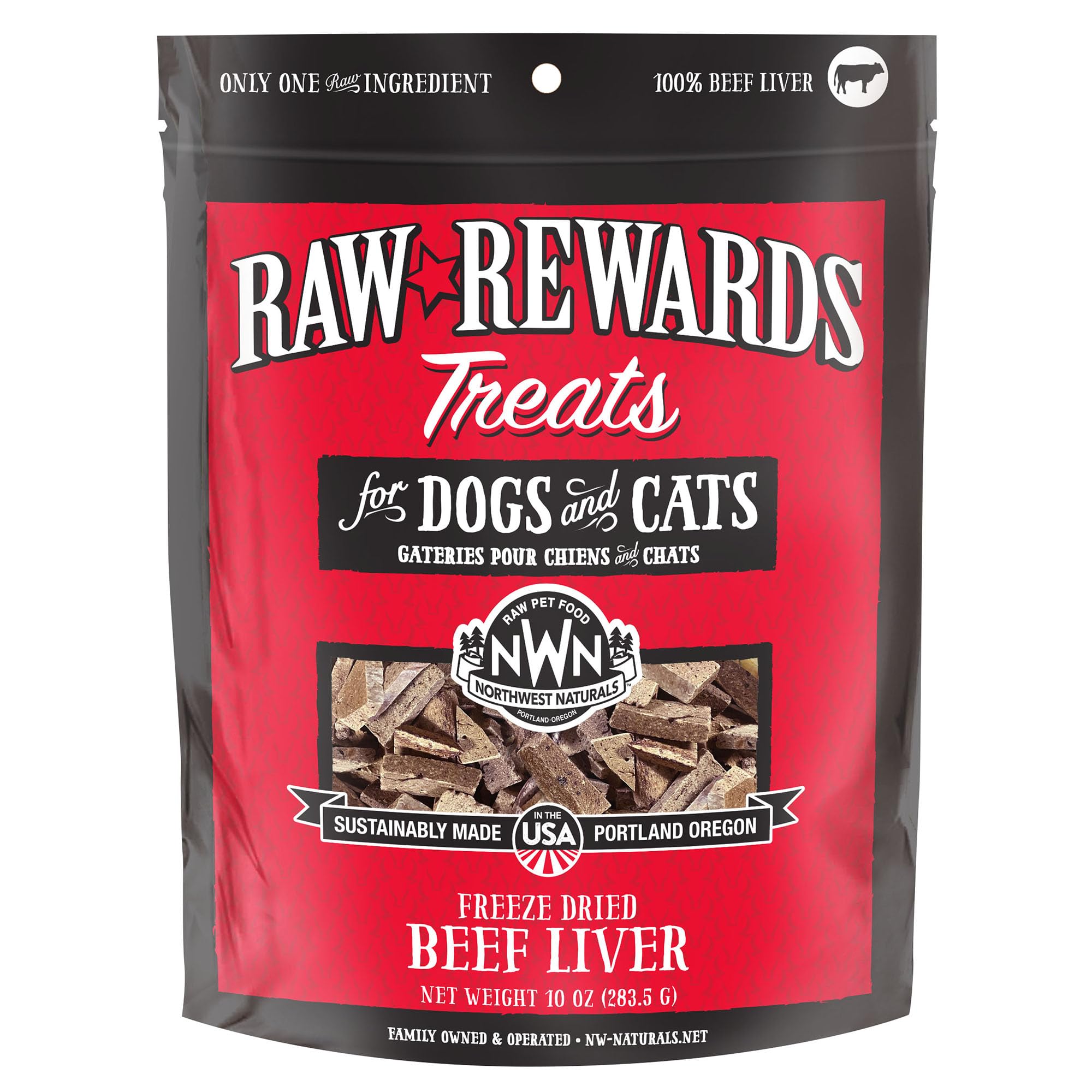 Northwest Naturals Raw Rewards package shows USA-made, quality freeze-dried beef liver treats.