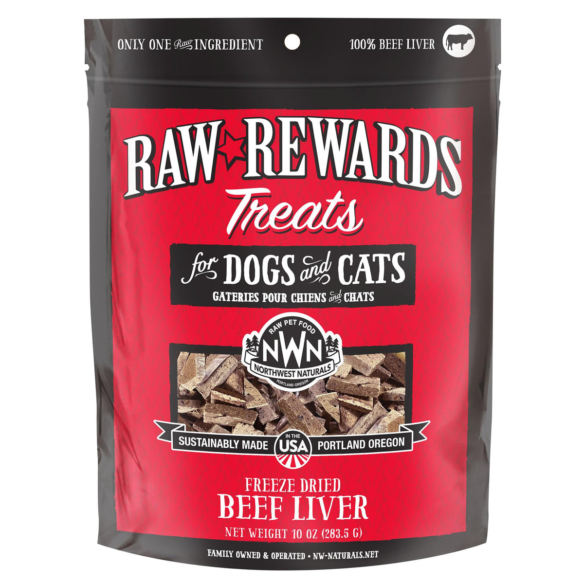 Northwest Naturals Raw Rewards package shows USA-made, quality freeze-dried beef liver treats.