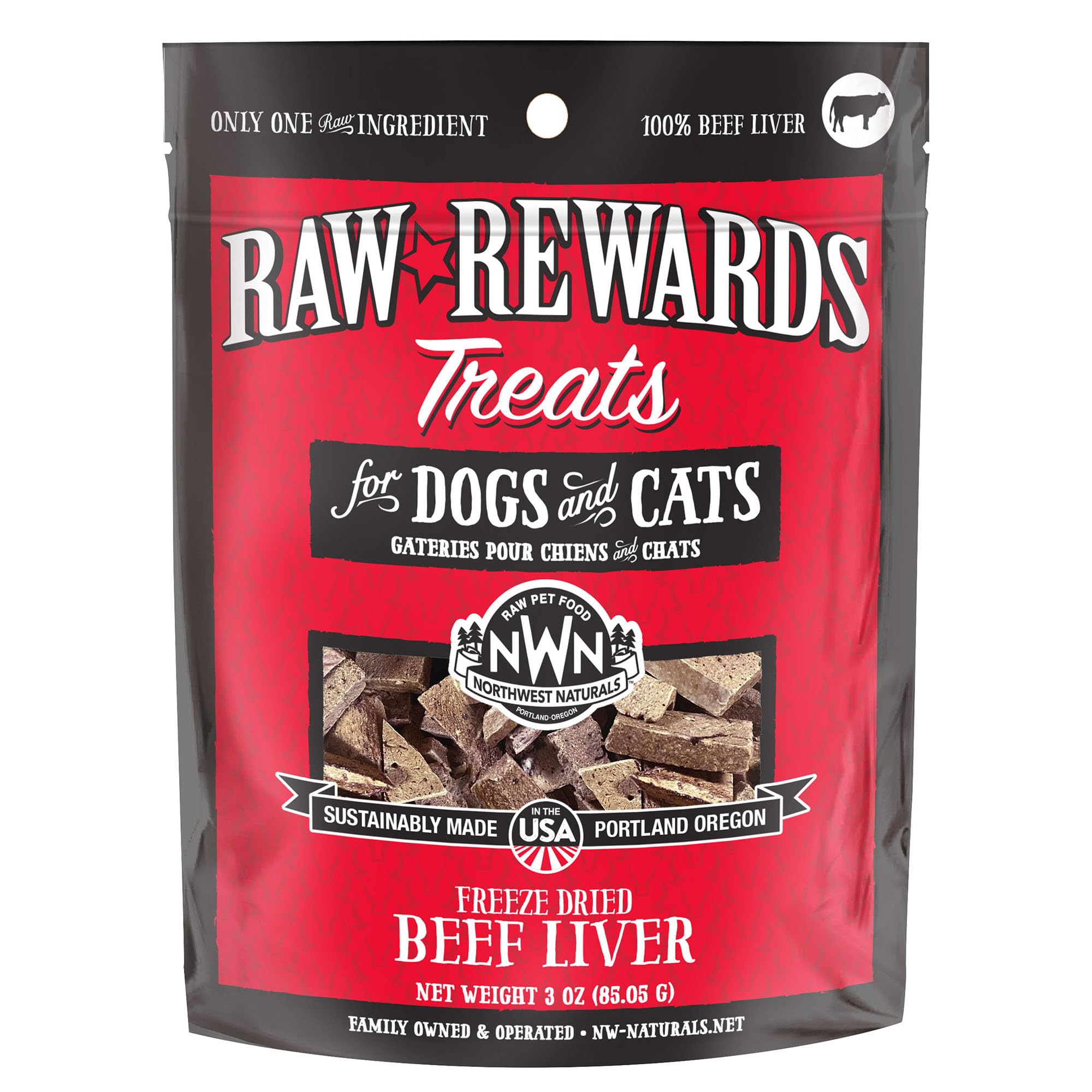 Northwest Naturals Raw Rewards freeze dried beef liver treats packaging travel-friendly snack option.