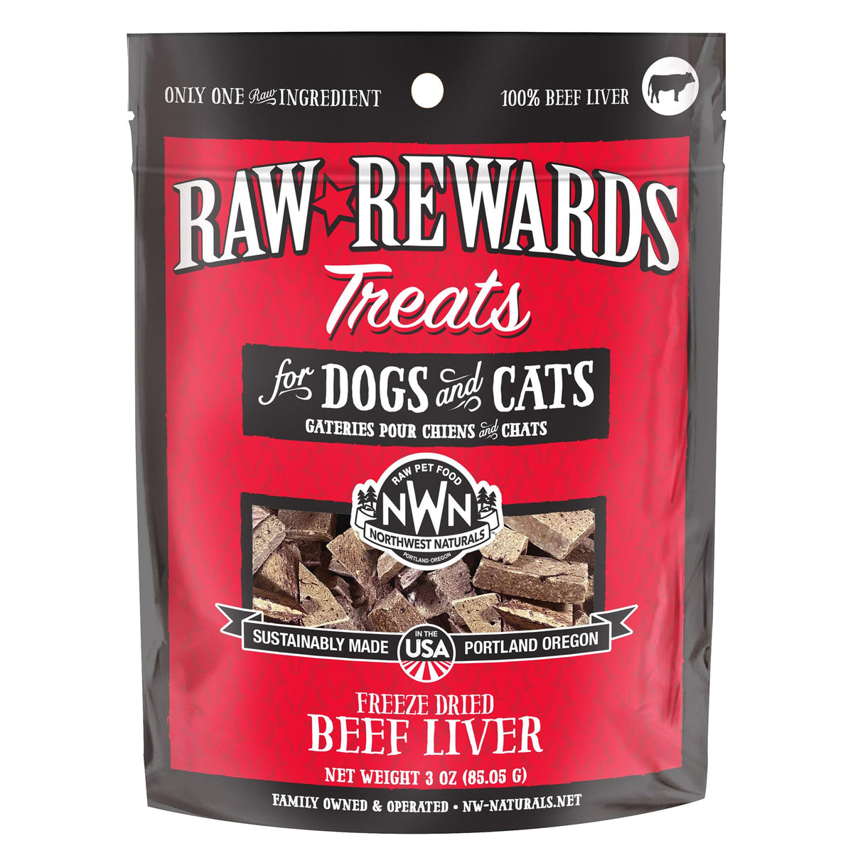 Northwest Naturals Raw Rewards freeze dried beef liver treats packaging travel-friendly snack option.