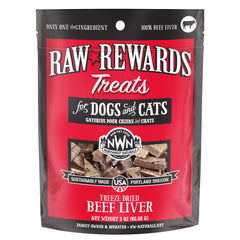 Northwest Naturals Raw Rewards freeze dried beef liver treats packaging travel-friendly snack option.