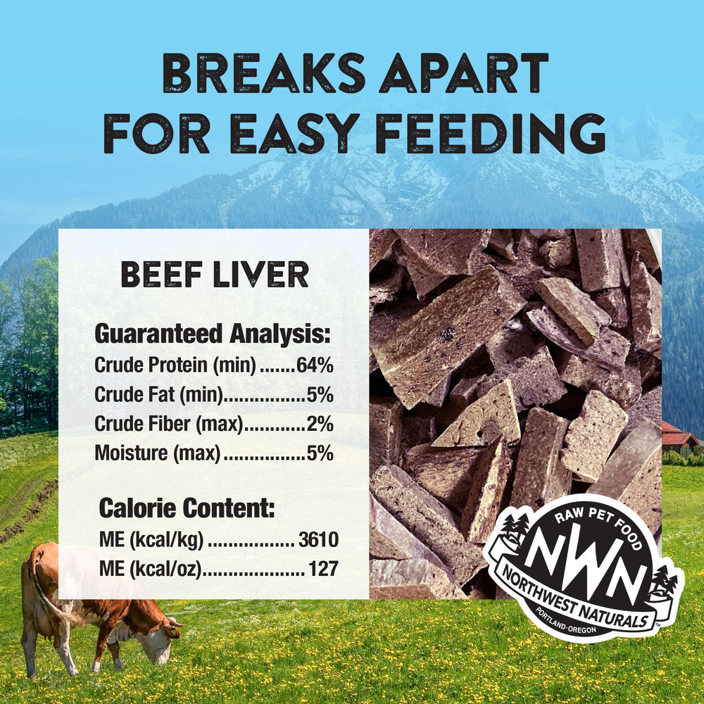 Northwest Naturals Raw Rewards freeze dried beef liver treats serving suggestion for pets.