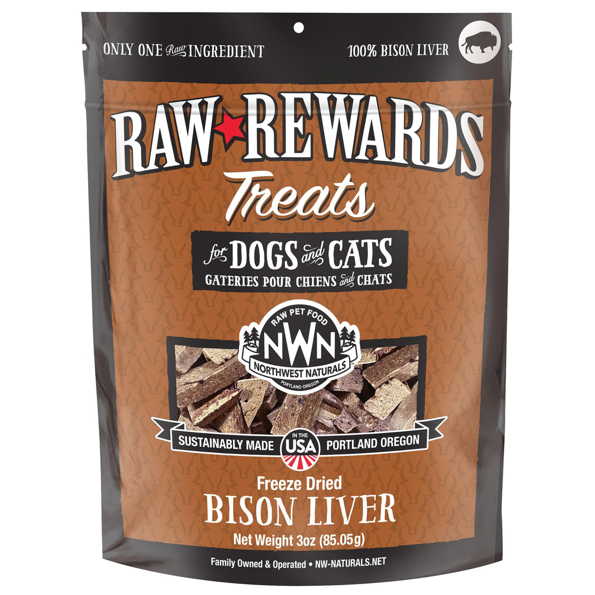 Northwest Naturals Raw Rewards freeze-dried bison liver treats packaging for easy on-the-go training rewards.