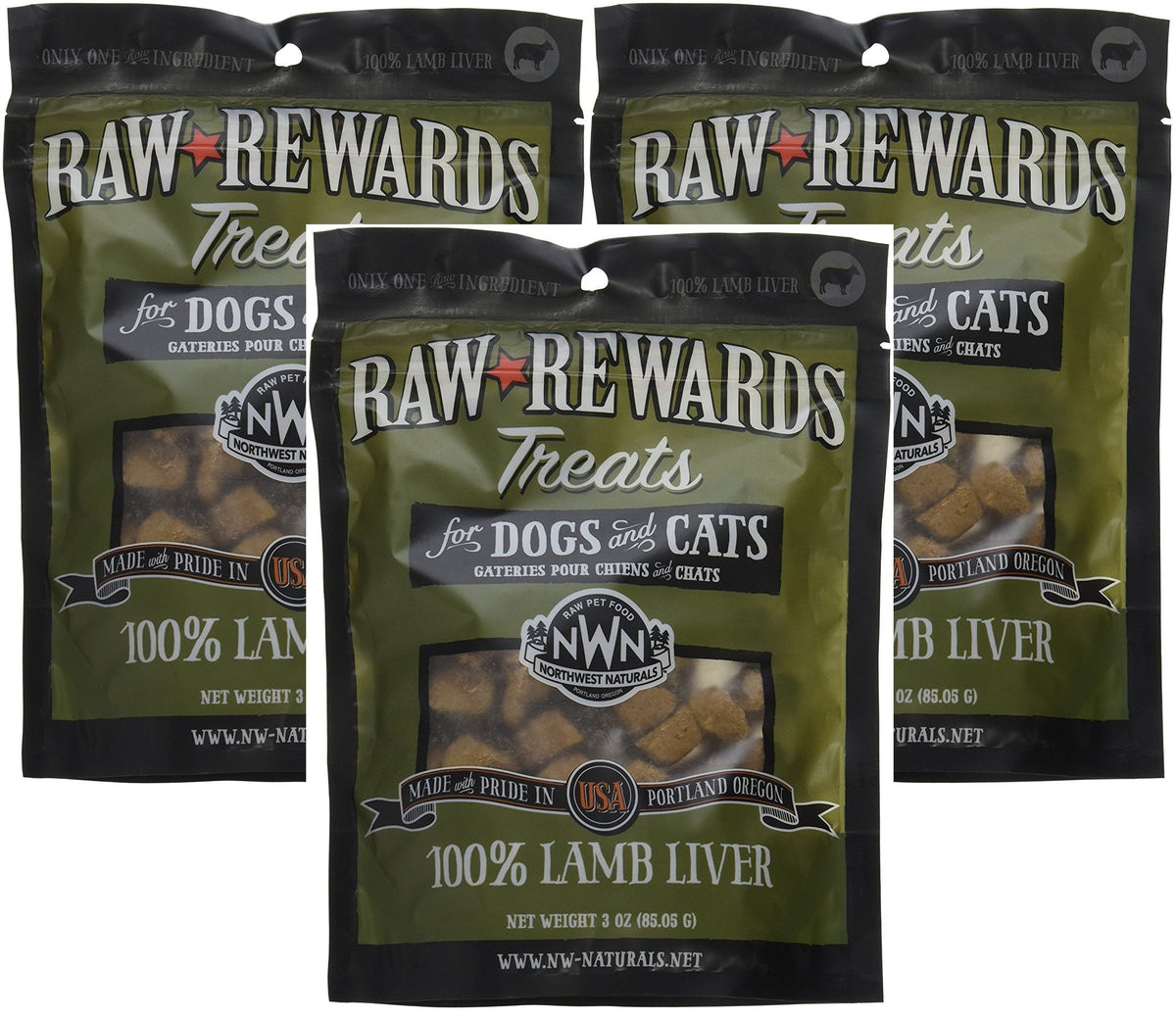 Northwest Naturals Raw Rewards lamb liver treats on front pack, ideal for training rewards.