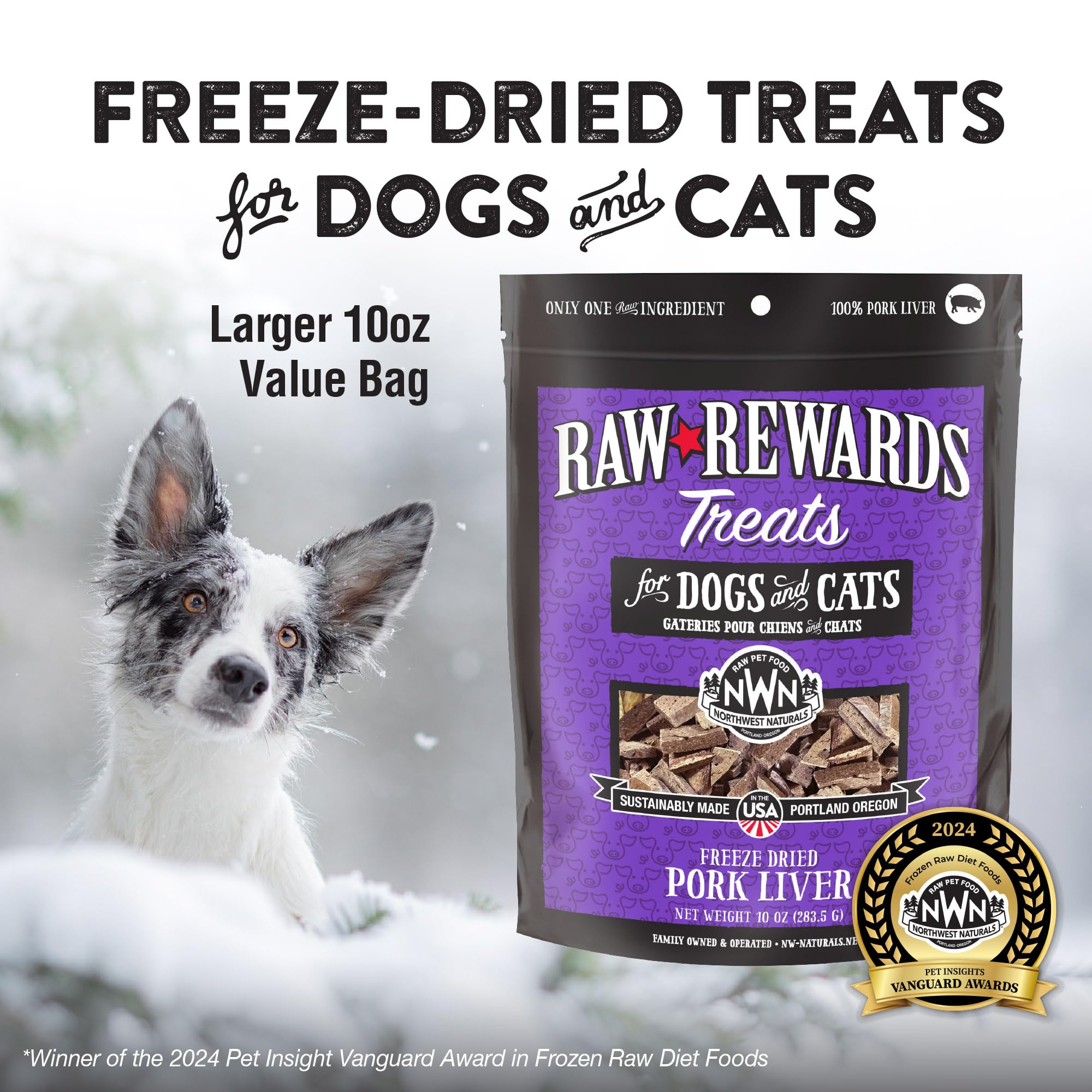 Northwest Naturals Raw Rewards freeze-dried pork liver packaging highlights travel-friendly pet snack.