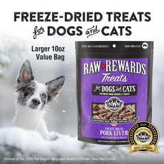 Northwest Naturals Raw Rewards freeze-dried pork liver packaging highlights travel-friendly pet snack.