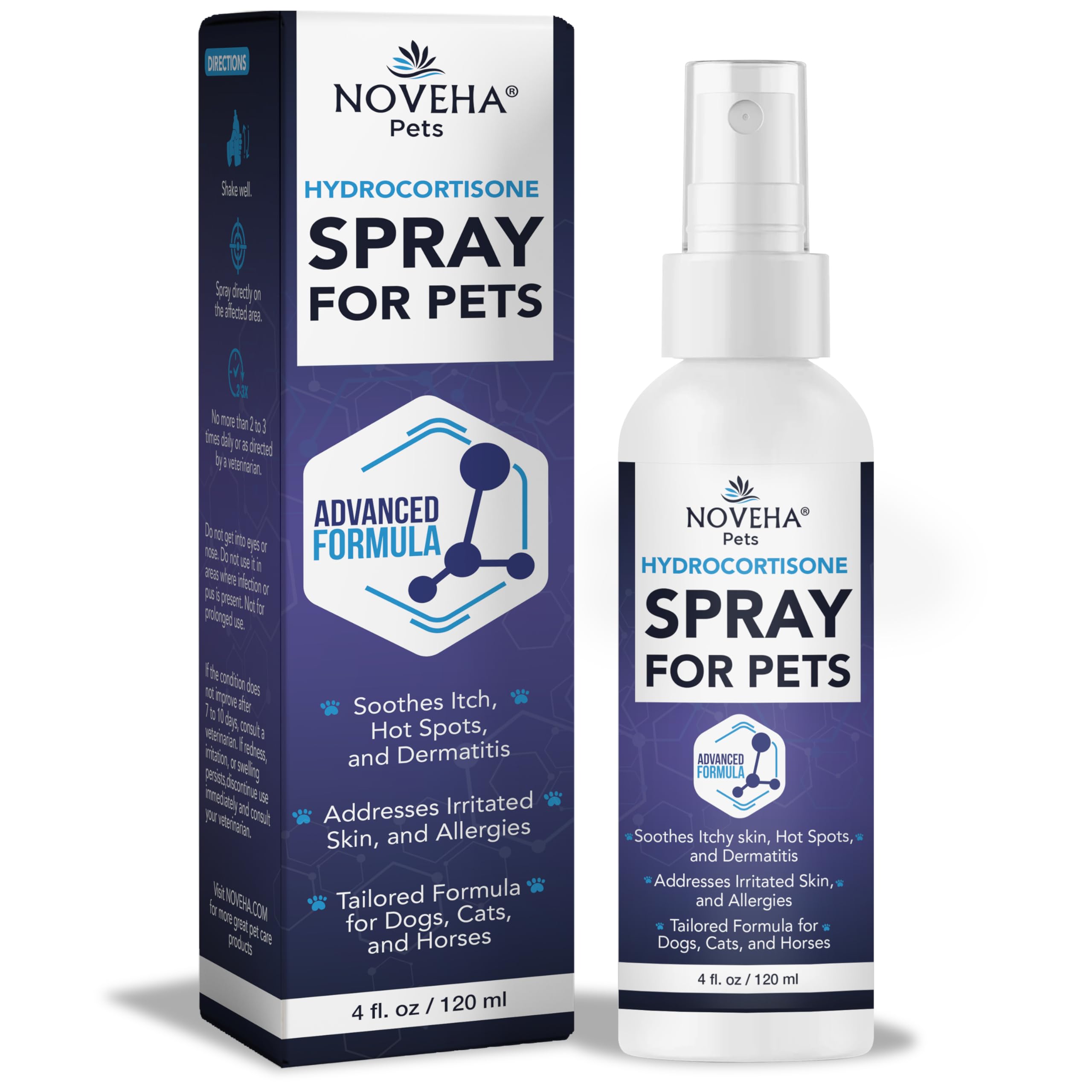 NOVEHA 1% Hydrocortisone Spray bottle pour demonstrates quick itch relief for pets.