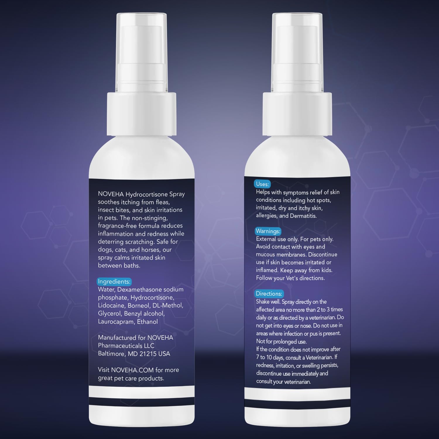 NOVEHA spray applied between baths helps calm irritated skin on a pet.