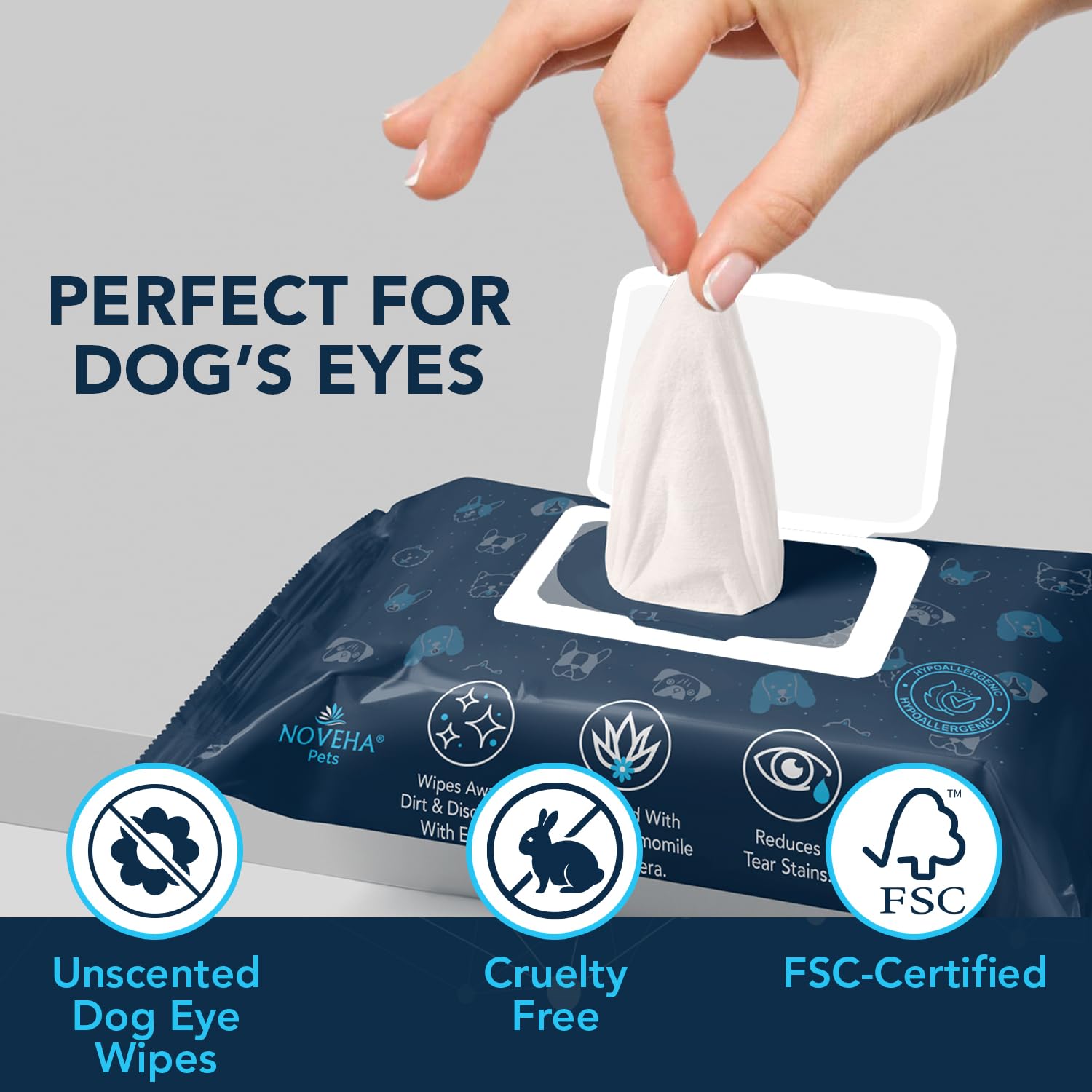 NOVEHA dog eye wipes 100-count box signals a long-lasting supply for routine care.