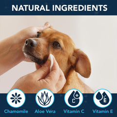 NOVEHA dog eye wipes used on the eye area for quick at-home grooming.