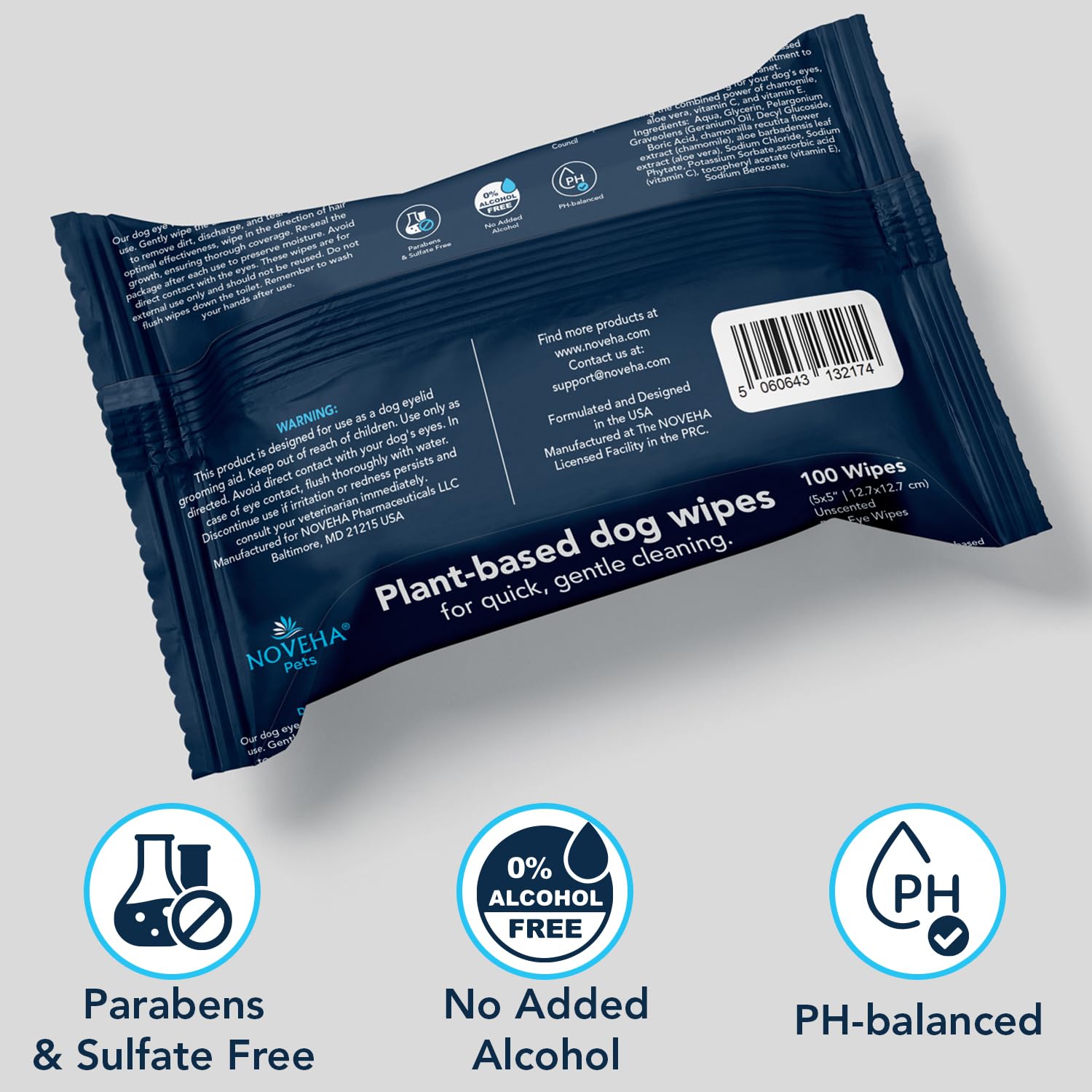 NOVEHA dog eye wipes travel pack ready for on-the-go eye hygiene.