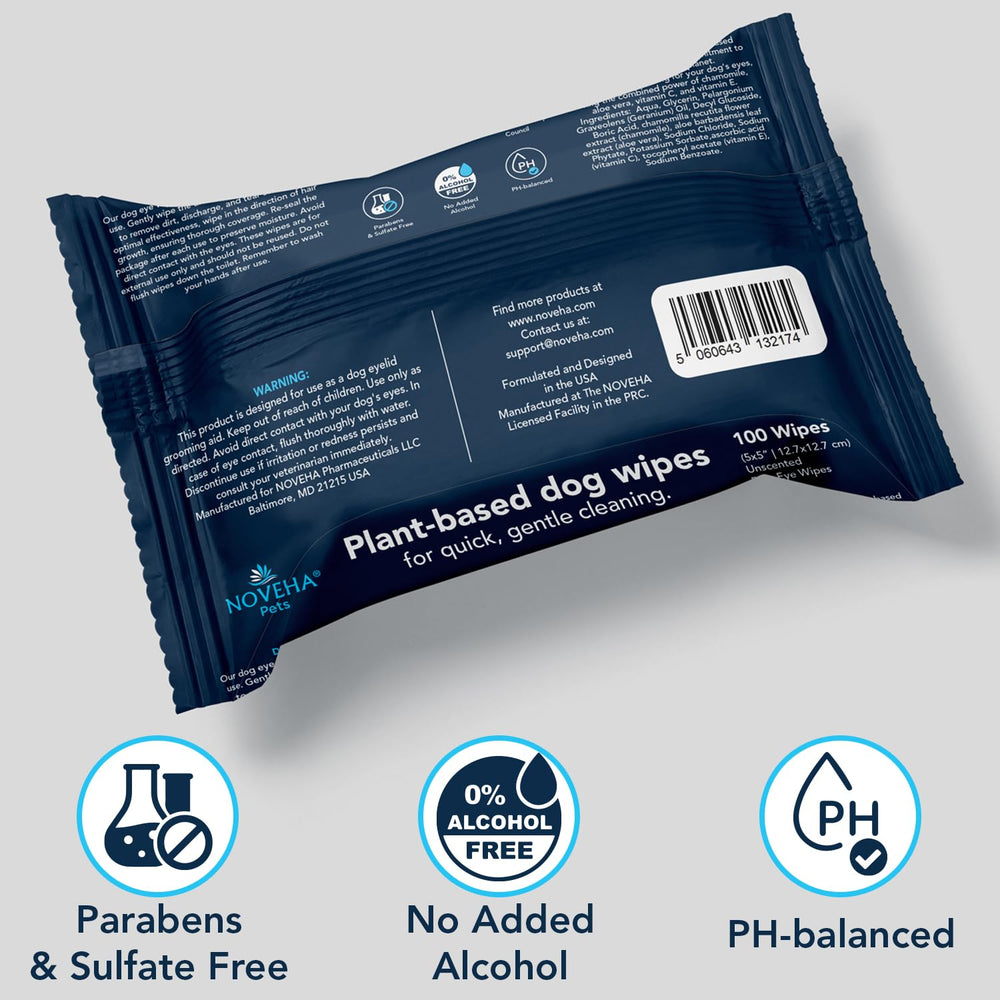NOVEHA dog eye wipes travel pack ready for on-the-go eye hygiene.