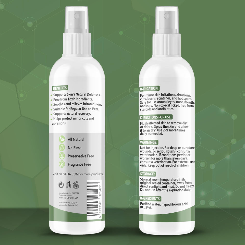 NOVEHA dog wound therapy spray packaging emphasizes 8 oz bottle and safe use.