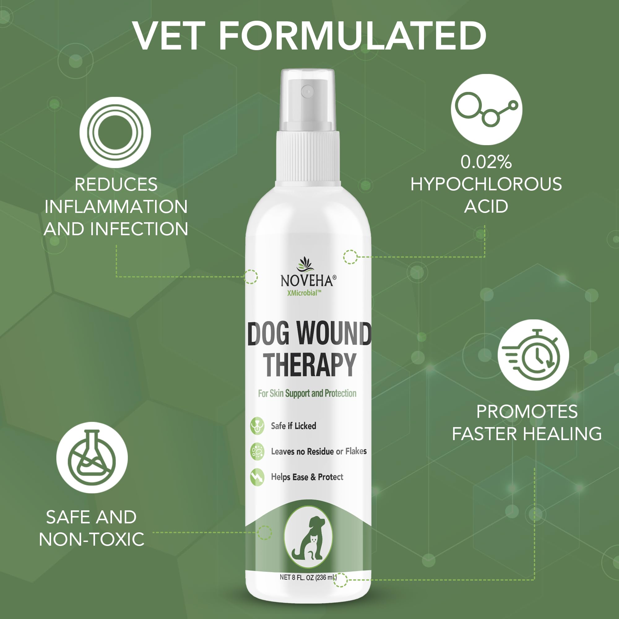 NOVEHA dog wound therapy spray quick-dry finish helps clean and protect irritated skin.