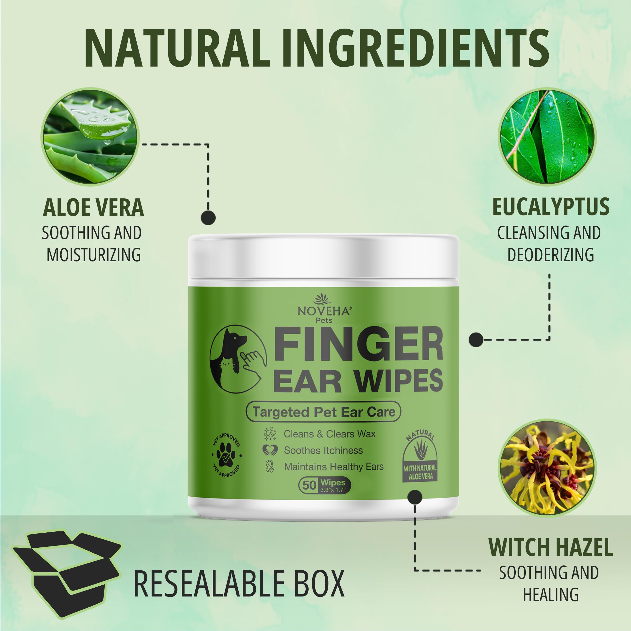 NOVEHA pet ear cleaning scene demonstrates gentle cleaning routine for dogs and cats.