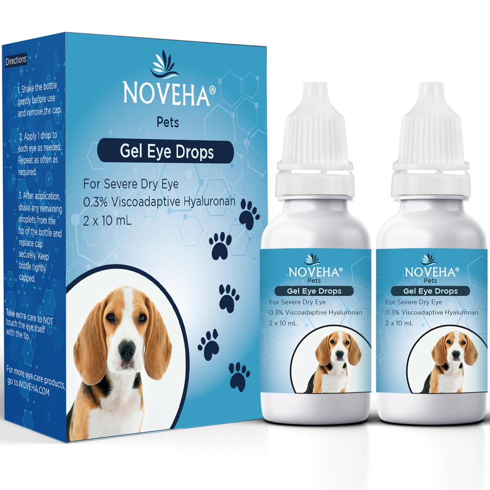 NOVEHA pet gel eye drops bottle closeup for long-lasting hydration.