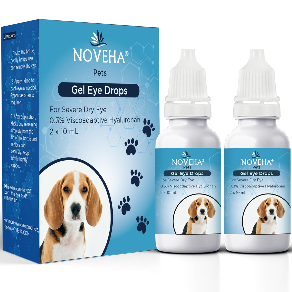 NOVEHA pet gel eye drops bottle closeup for long-lasting hydration.