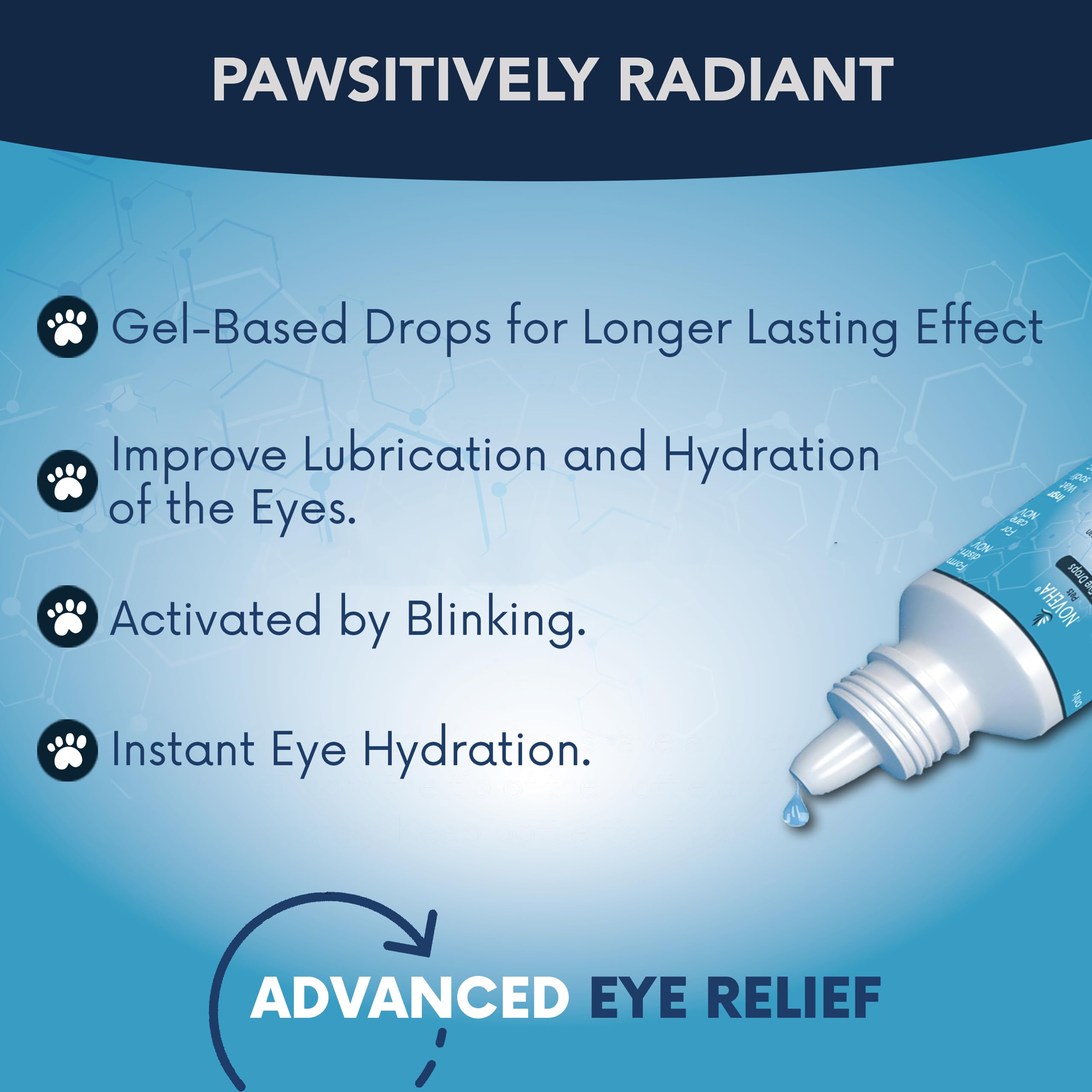 NOVEHA gel eye drops dispense tip shown for easy, controlled application.