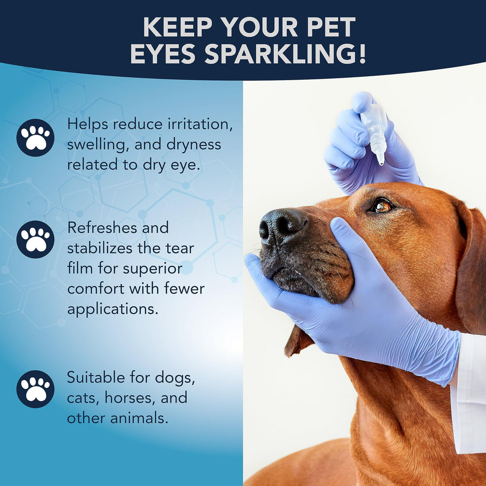 NOVEHA gel eye drops dog eye application capture illustrates soothing relief during application.