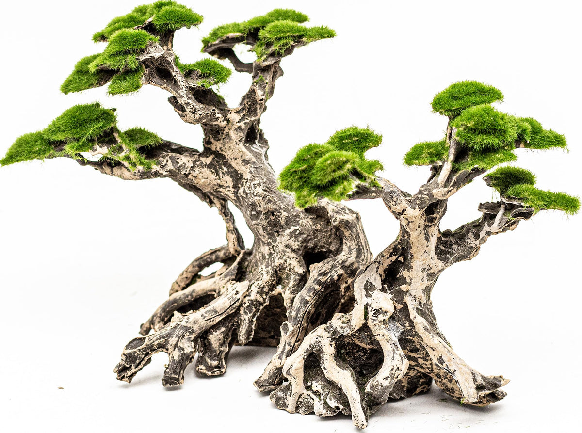 Novelsite bonsai tree with faux moss adds natural ambiance and hiding spots for fish.