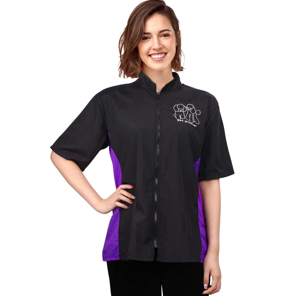 Noverlife pet grooming workwear with full zipper for quick on/off during sessions.