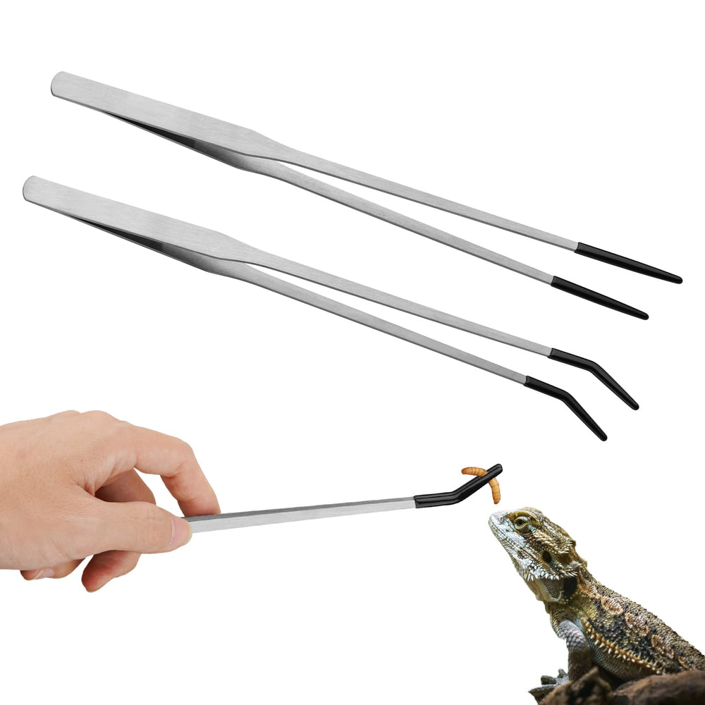 Novery stainless-steel reptile tongs with rubber tip straight for safe feeding reach.